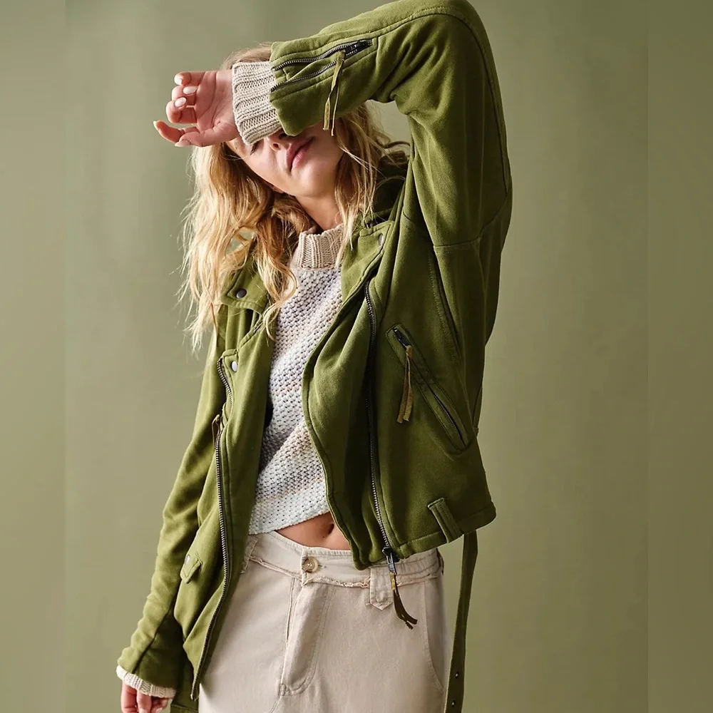 NWT Free People Rebel Rebel Knit Moto Jacket - Olive Sparrow (Small) - Picture 5 of 5